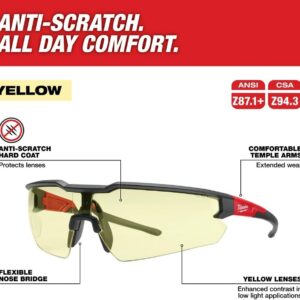 Milwaukee Anti-Scratch Yellow Lens Safety Glasses Black Red Frame