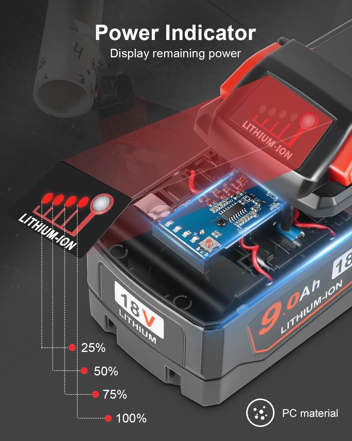 9.0AH M18 18V Lithium Battery for Milwaukee M18 Power Tools 4 9.0AH M18 18V Lithium Battery for Milwaukee M18 Power Tools - Image 4