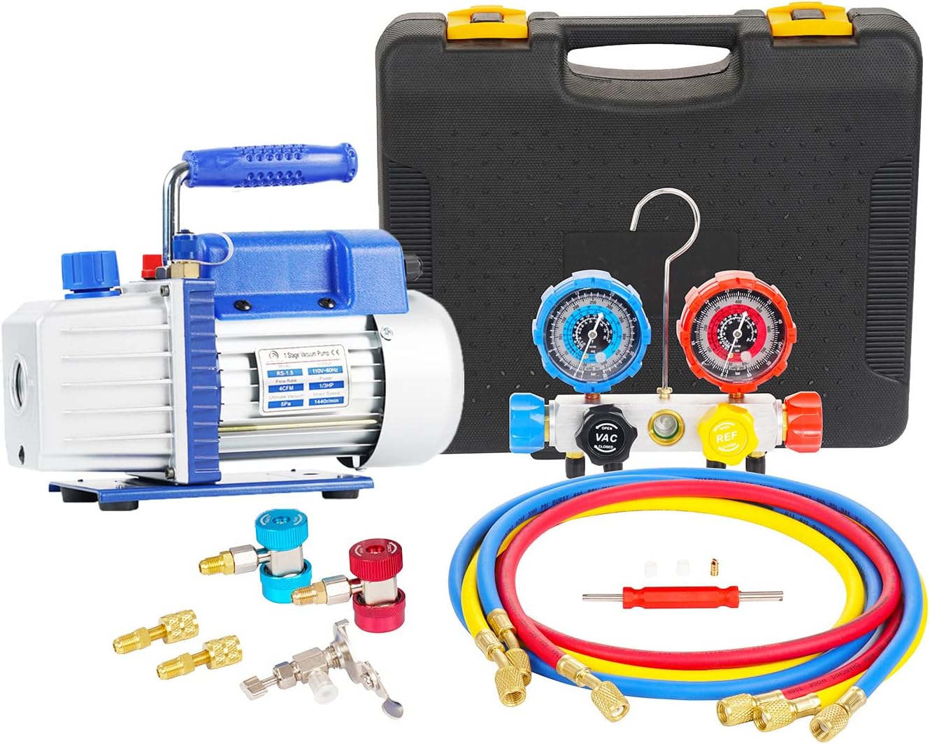 4CFM Vacuum Pump 4-Way Manifold Gauge R410a R22 R134A HVAC AC Kit 1 hvac tools manifold gauges