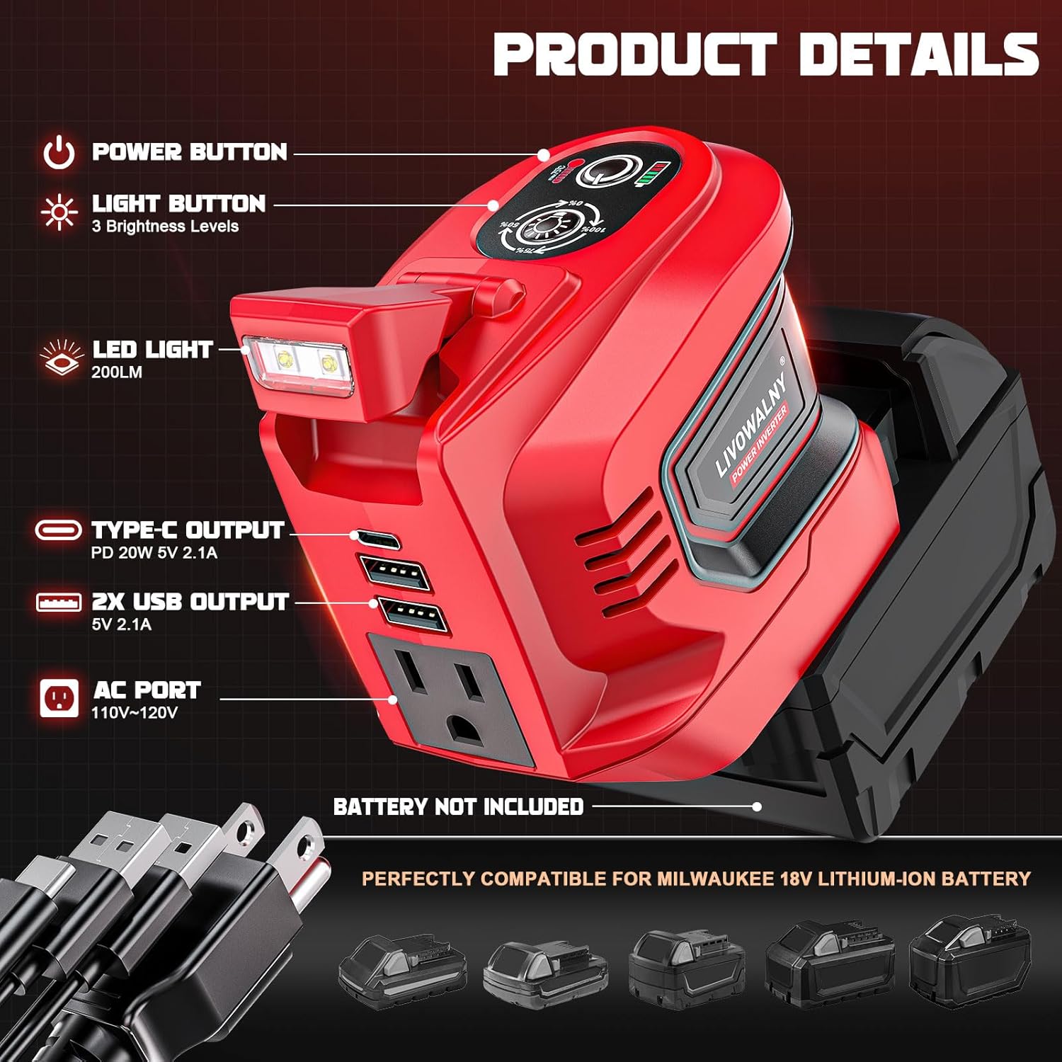 200W Milwaukee 18V Battery Inverter AC110V USB-C Power Adapter 2 200W Milwaukee 18V Battery Inverter AC110V USB-C Power Adapter - Image 2