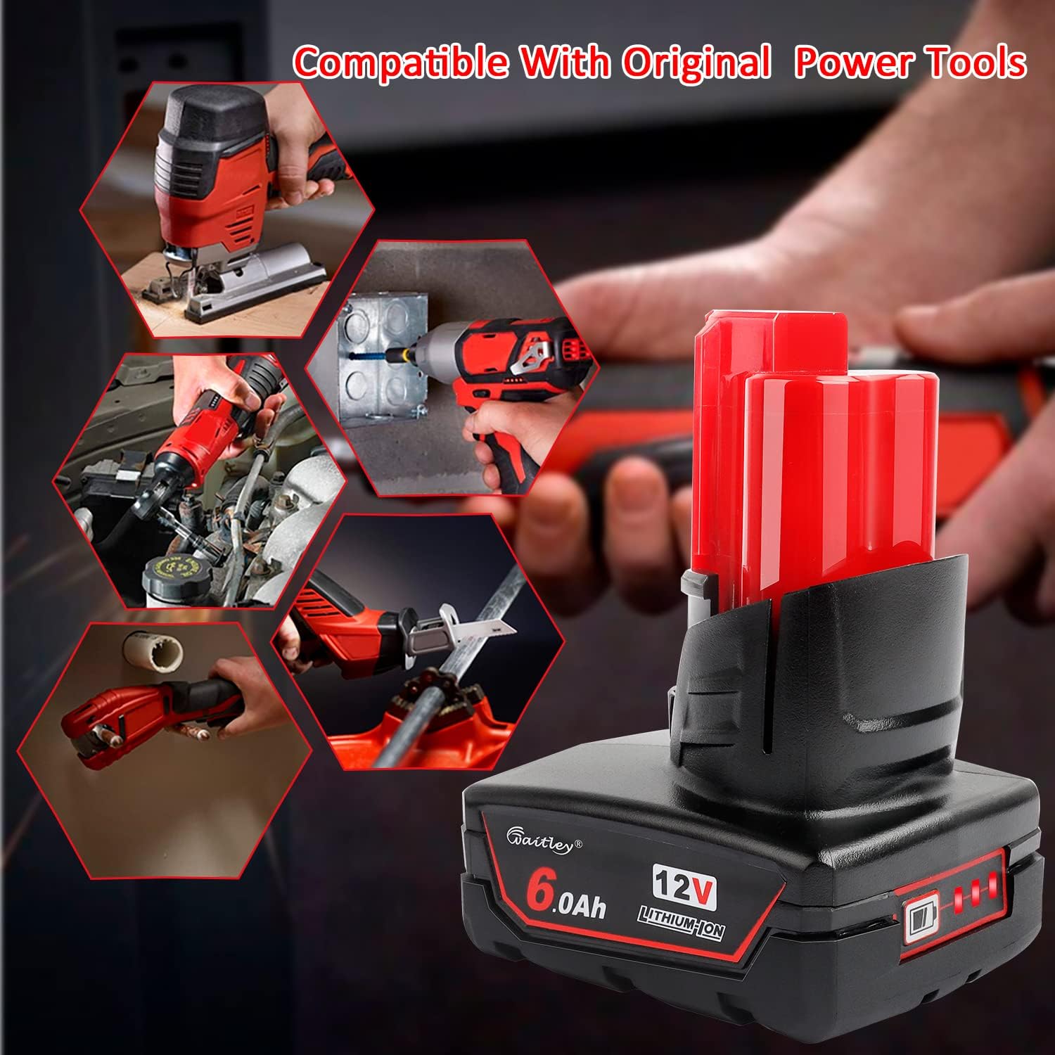 Waitley 12V 6Ah Battery for Milwaukee Power Tools 2-Pack 6A 7 Waitley 12V 6Ah Battery for Milwaukee Power Tools 2-Pack 6A - Image 7