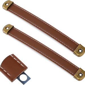 2 Pcs Leather Handles for Drawers Leather Trunk Handles Leather Handle Suitcase Luggage Pulls Brown Cabinet Handles Leather Strap Handles with Mounting Screws Modern Leather Cabinet Knobs