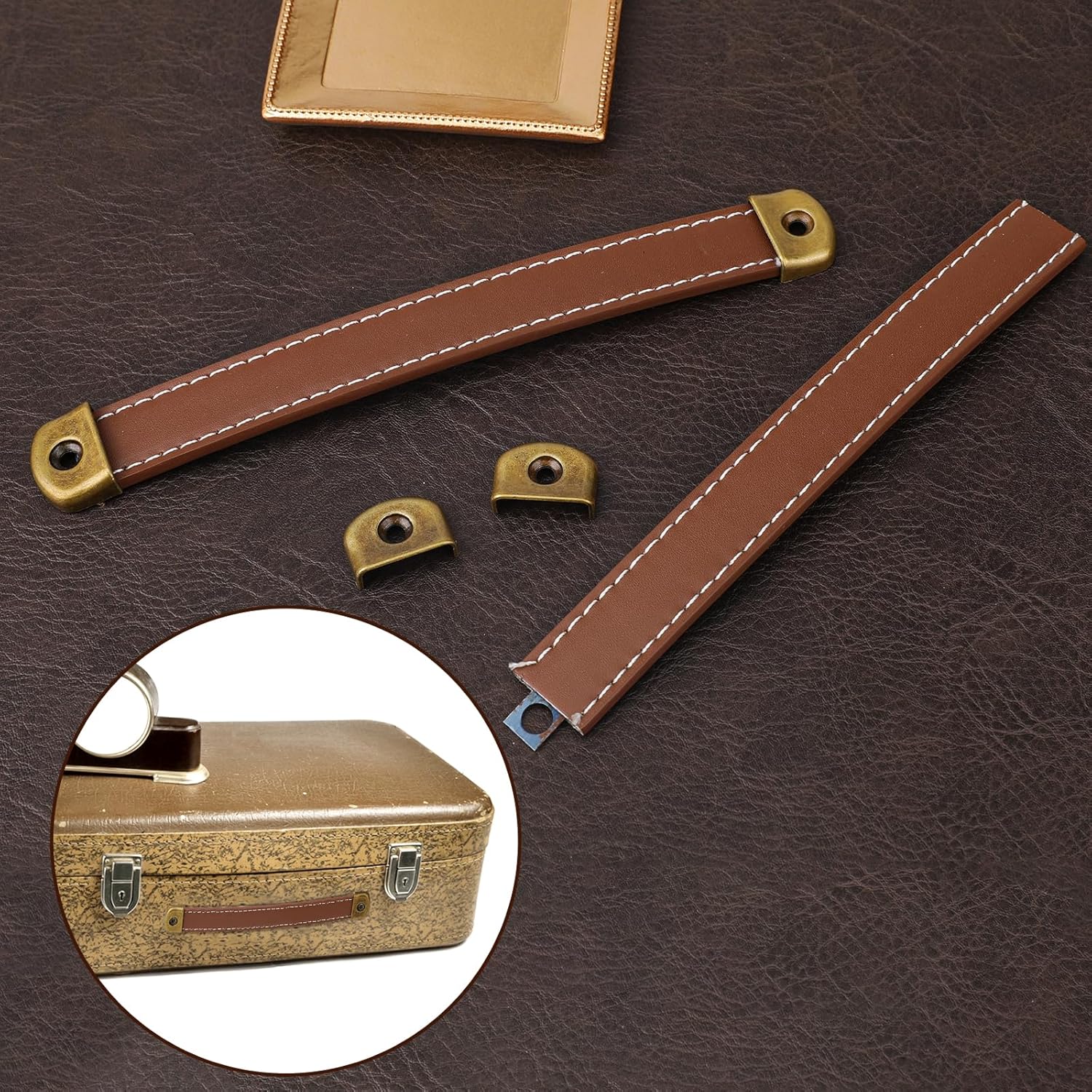 2Pc Brown Leather Drawer Pulls Cabinet Handles with Screws 2 2Pc Brown Leather Drawer Pulls Cabinet Handles with Screws - Image 2