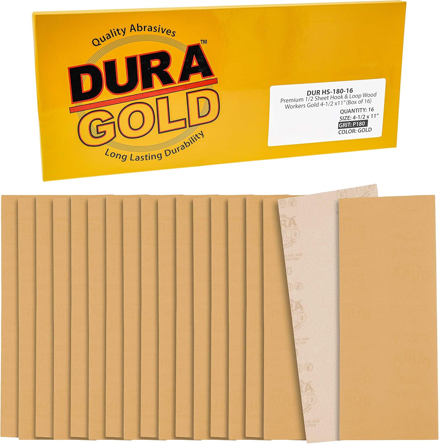 Dura-Gold 180 Grit Sandpaper Sheets 1/2 Sheet Hook Loop 16 Pack 4.5x11 1 sander tool 1/2 sheet