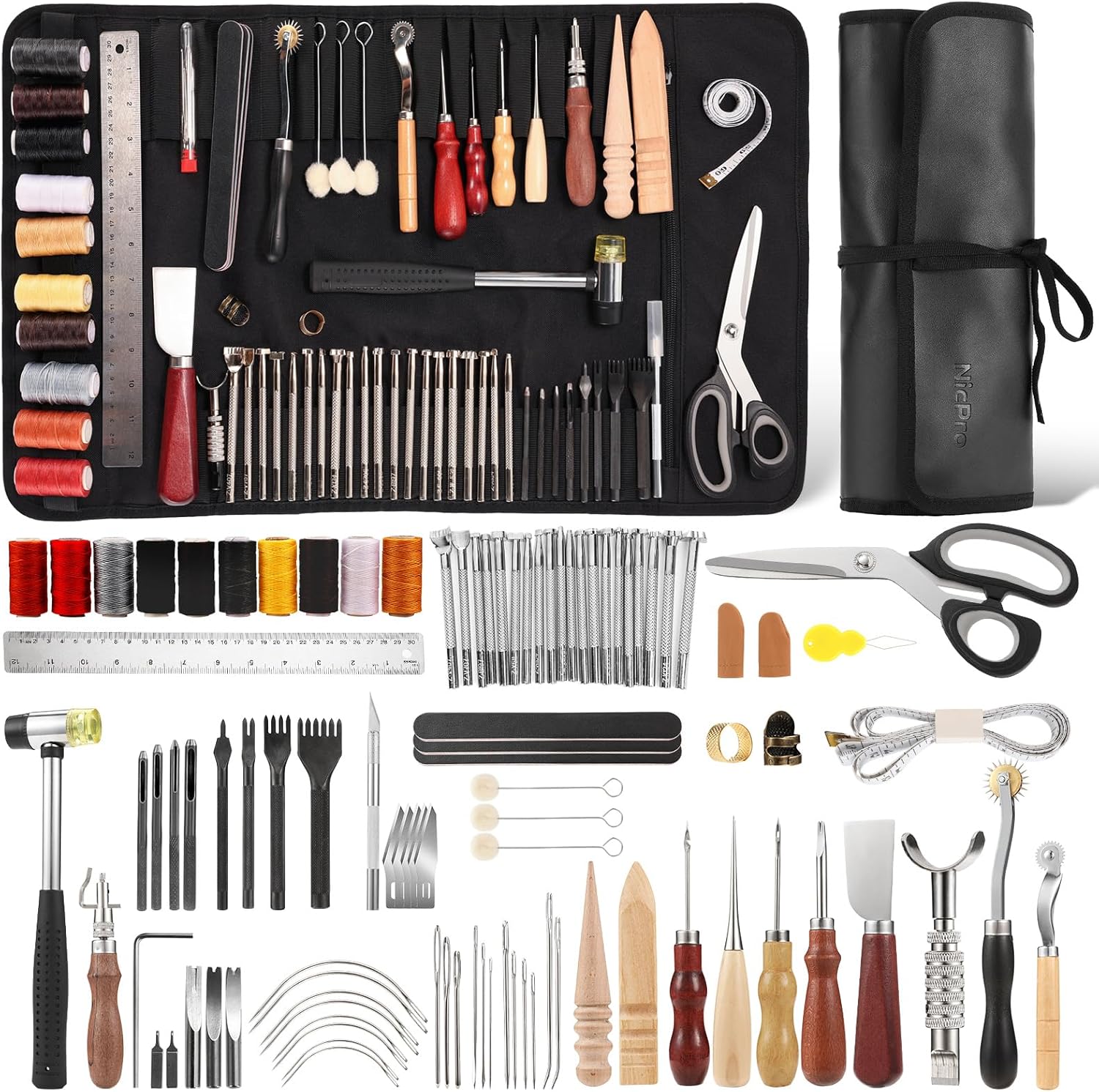 Nicpro 85PC Leather Working Tool Kit with Storage Bag for Carving 1 Nicpro 85PCS Leather Tooling Kit Leather Working Tools Kit with Custom Storage Bag, Adults Leather Making Craft Tools Beginner Kit for Stamping Sewing Carving Cutting Punching Leather Working