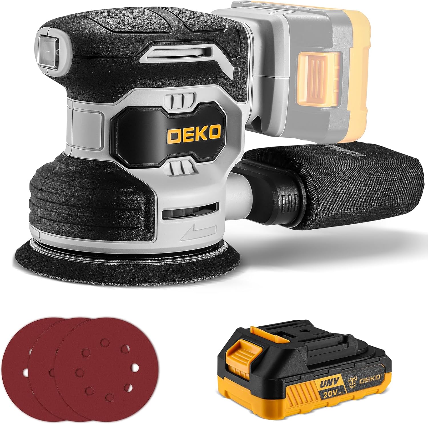 DEKOPRO 20V Cordless Orbital Sander 5" with Battery & 16 Discs Kit 1 m18 18v lithium-ion cordless 5 in. random orbit sander tool-only