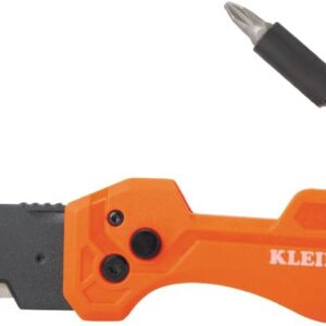 Klein Tools 44304 Folding FLICKBLADE Utility Knife, Compact, Removable Impact Driver, 1/4-Inch Nut Driver and 2 Phillips Bit