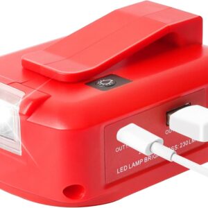 Multi-Functional Power Adapter Compatible with Milwaukee and DEWALT Batteries with Dual USB Ports, 12V DC Port Three-mode work light, DEWALT Charger Adapter 20V Battery (Not Made in Milwaukee)