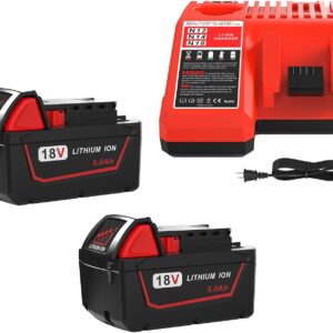 2 Pack 5.0Ah Replacement for Milwaukee M18 Lithium ion Battery 48-11-1850 and Charger Combo, Compatible with M18 Cordless Power Tools 18V Lithium Battery, and Milwaukee 18V Battery Charger