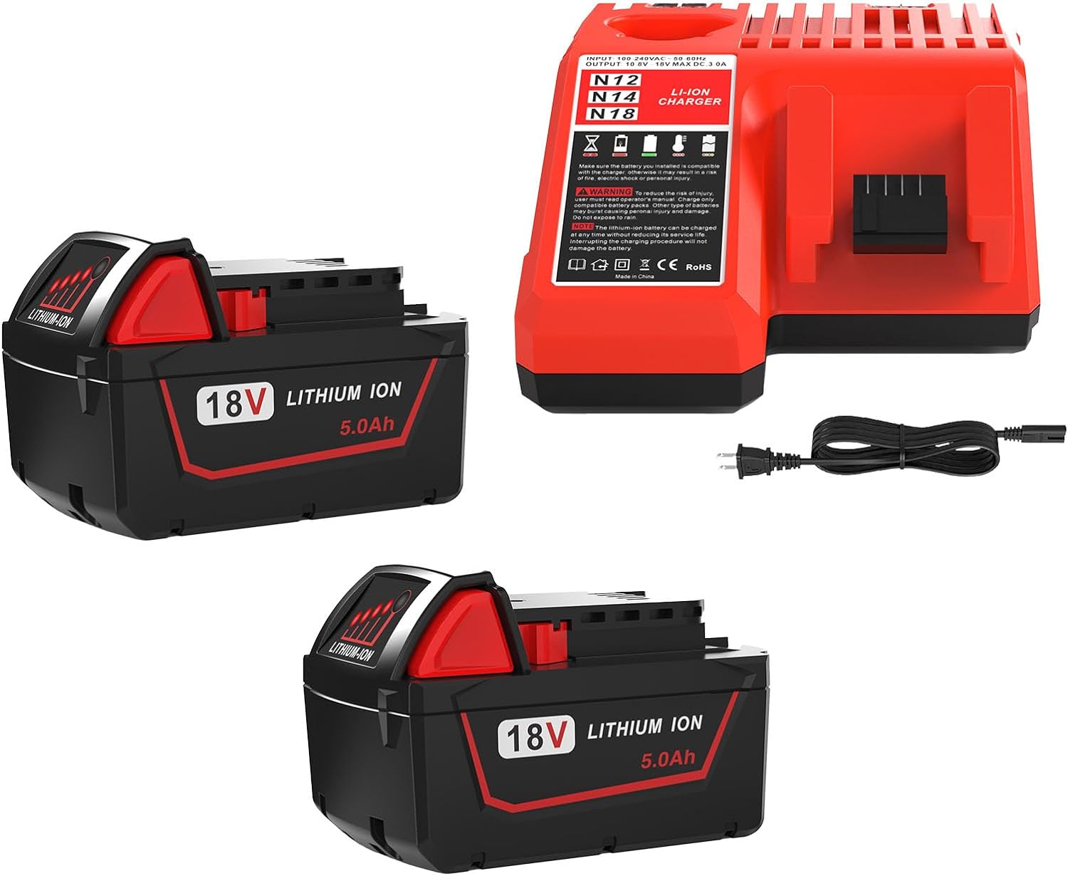 Milwaukee M18 Battery 2Pack 5.0Ah with Charger 48-11-1850 Combo Kit 1 2 Pack 5.0Ah Replacement for Milwaukee M18 Lithium ion Battery 48-11-1850 and Charger Combo, Compatible with M18 Cordless Power Tools 18V Lithium Battery, and Milwaukee 18V Battery Charger