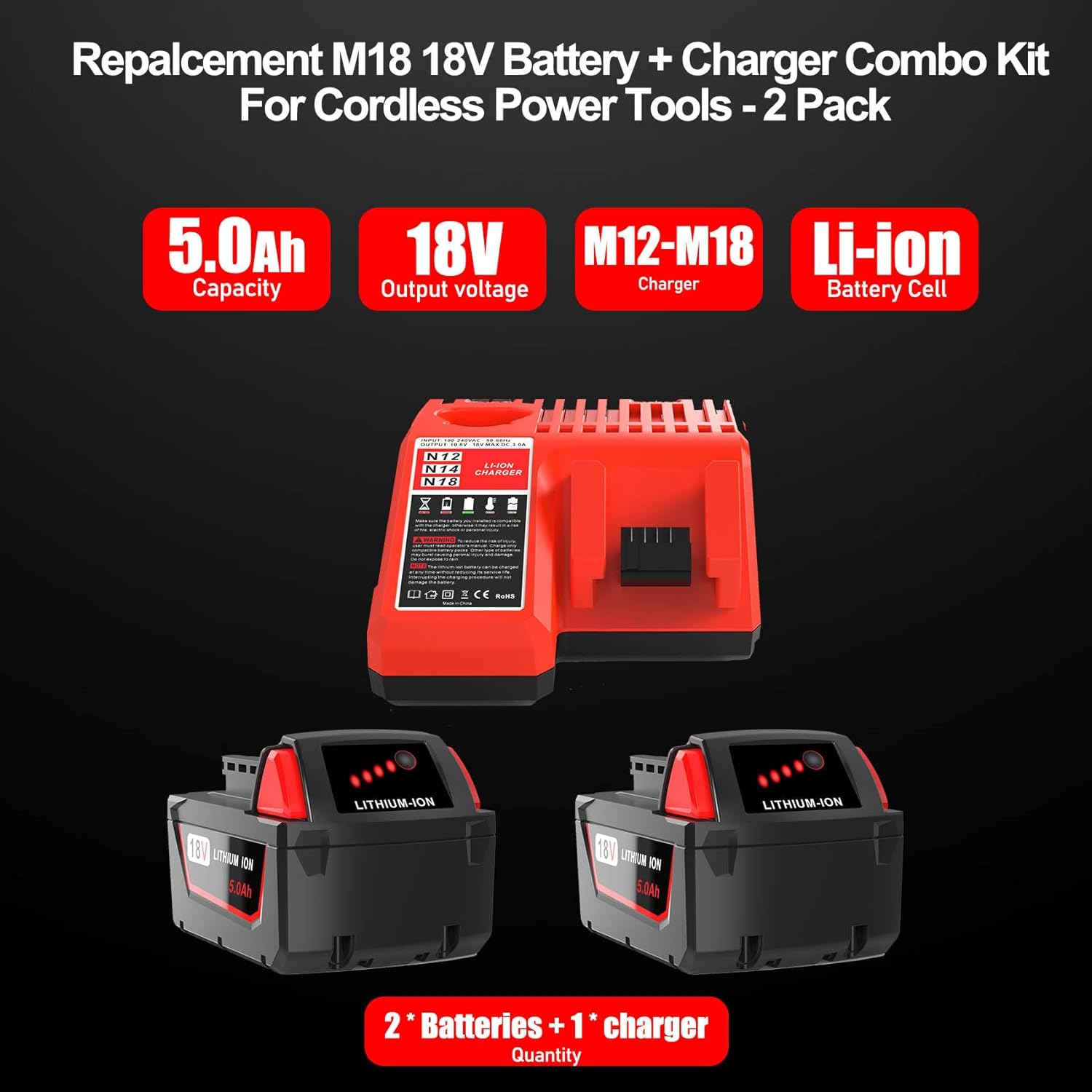 Milwaukee M18 Battery 2Pack 5.0Ah with Charger 48-11-1850 Combo Kit 2 Milwaukee M18 Battery 2Pack 5.0Ah with Charger 48-11-1850 Combo Kit - Image 2