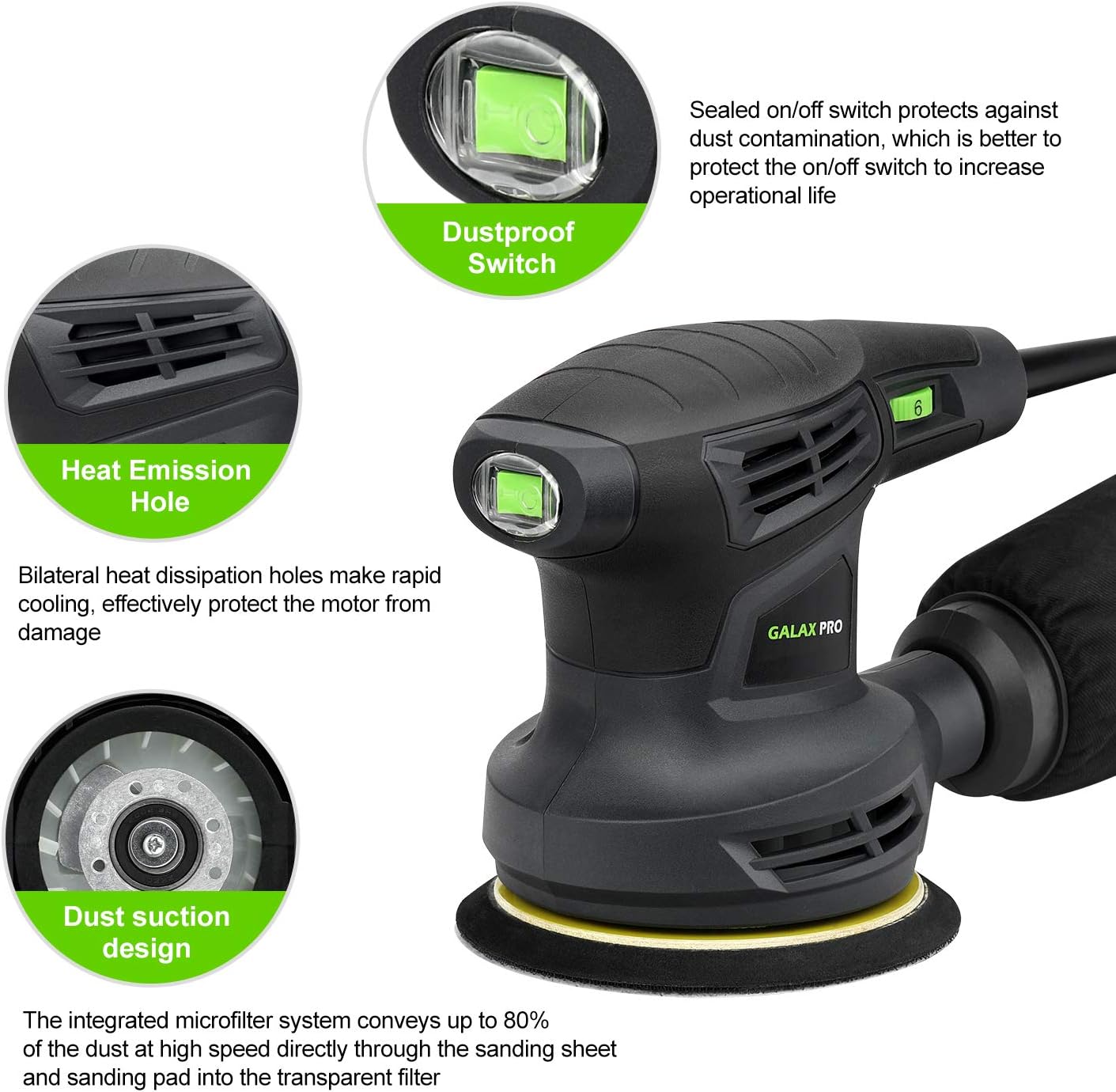 GALAX PRO 280W Orbital Sander 6 Speed 13000OPM with Dust Collector 5 GALAX PRO 280W Orbital Sander 6 Speed 13000OPM with Dust Collector - Image 5