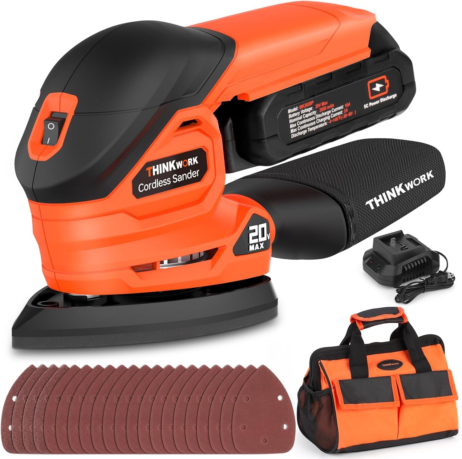 THINKWORK 20V Cordless Detail Sander Kit 12000 OPM 21pc Set 1 sander tool dewalt battery