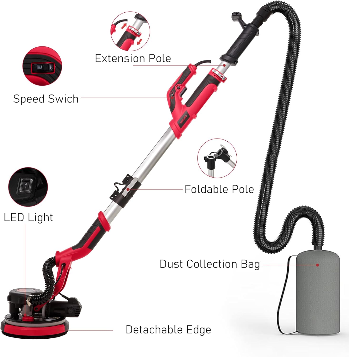 1250W Electric Drywall Sander with Vacuum 7-Speed LED Light Tool 7 1250W Electric Drywall Sander with Vacuum 7-Speed LED Light Tool - Image 7