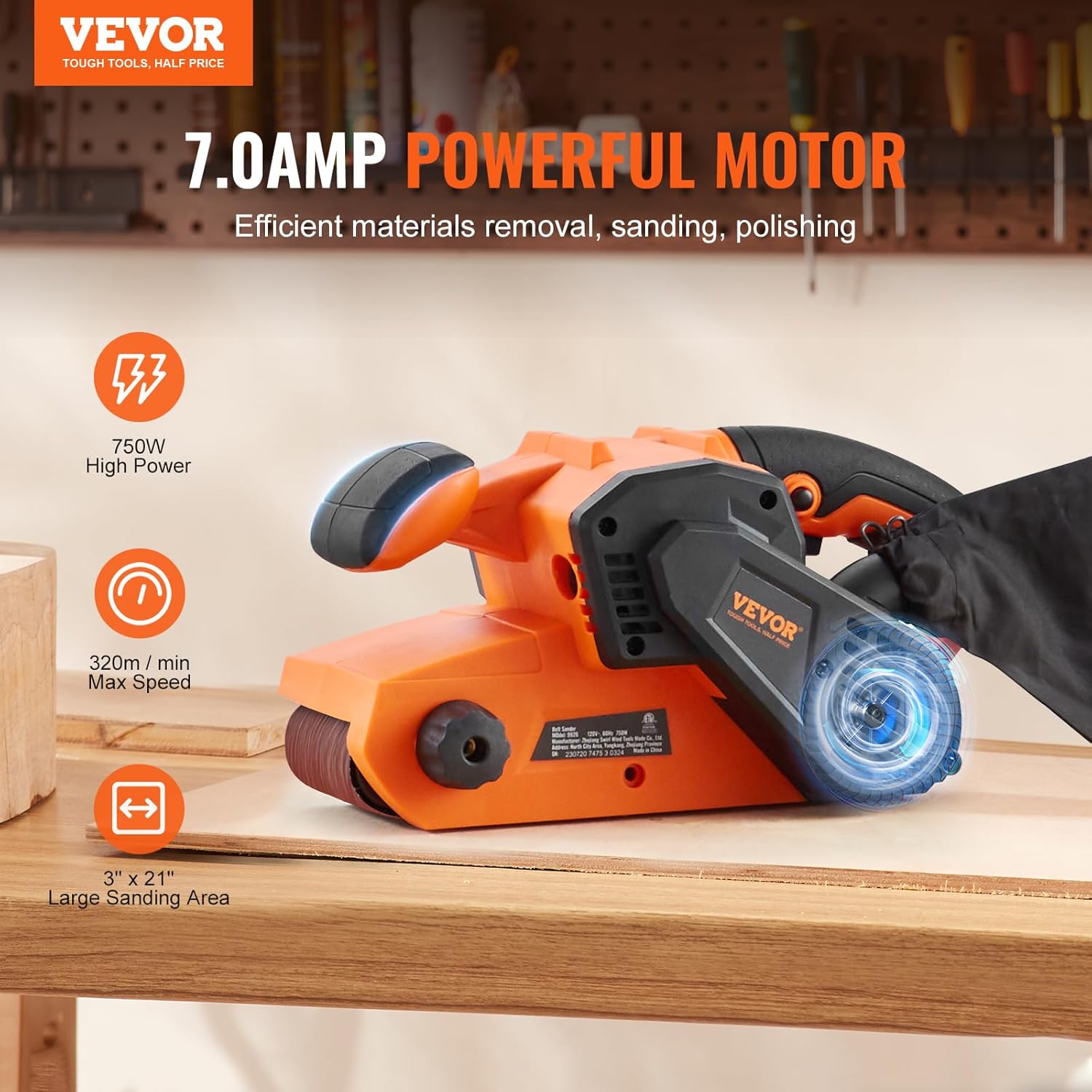 VEVOR 7A 3x21 Belt Sander 6 Speed Woodworking Bench Dust Bag 80G 2 VEVOR 7A 3x21 Belt Sander 6 Speed Woodworking Bench Dust Bag 80G - Image 2