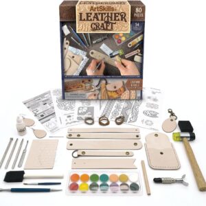 ArtSkills Leather Working Kit, Leather Tooling Kit with Tools, Leather Stamps, Leather for Crafts, Adult Project Kits, 80 pc
