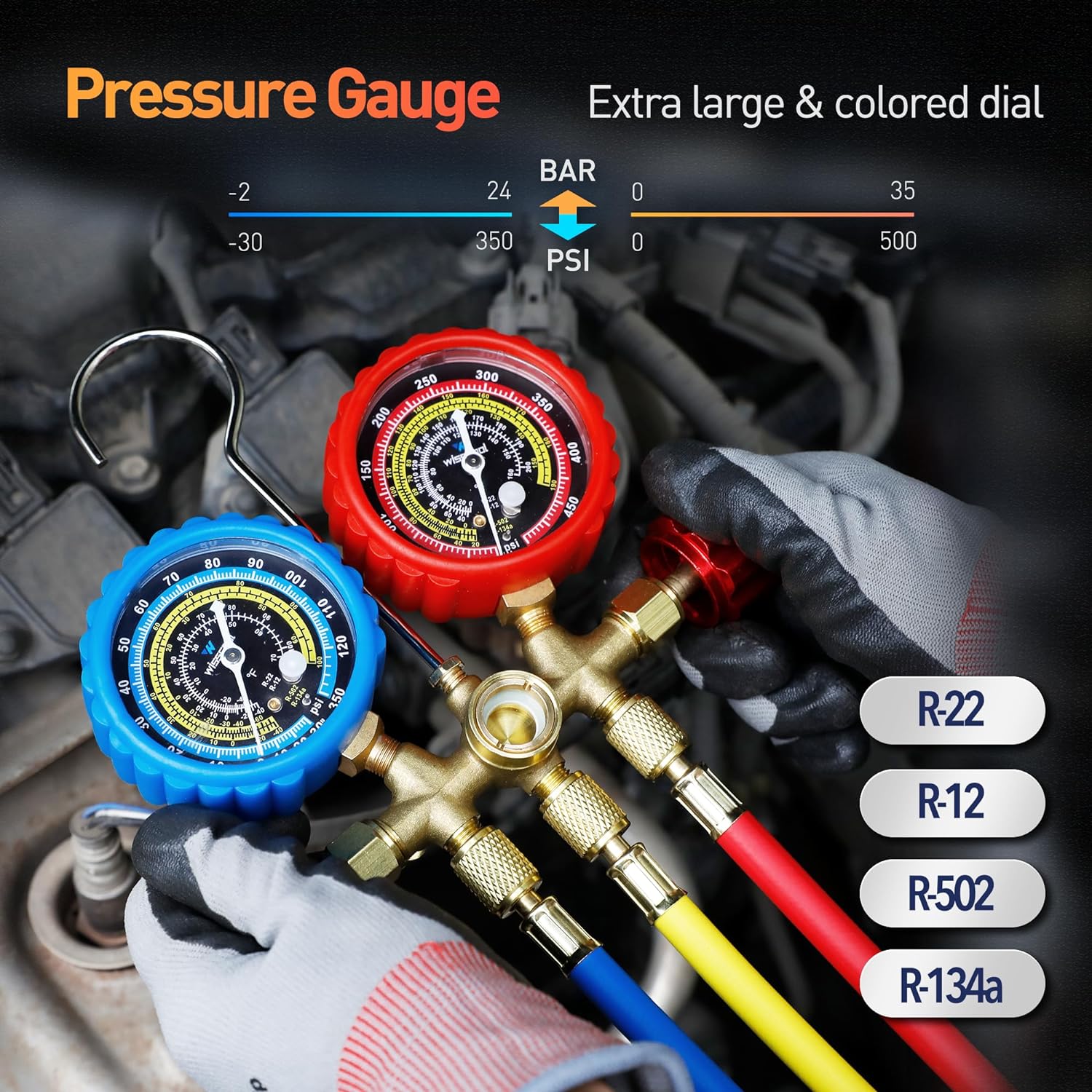 HVAC AC Manifold Gauge Set R134a R22 R12 with Hoses and Adapters 3 HVAC AC Manifold Gauge Set R134a R22 R12 with Hoses and Adapters - Image 3