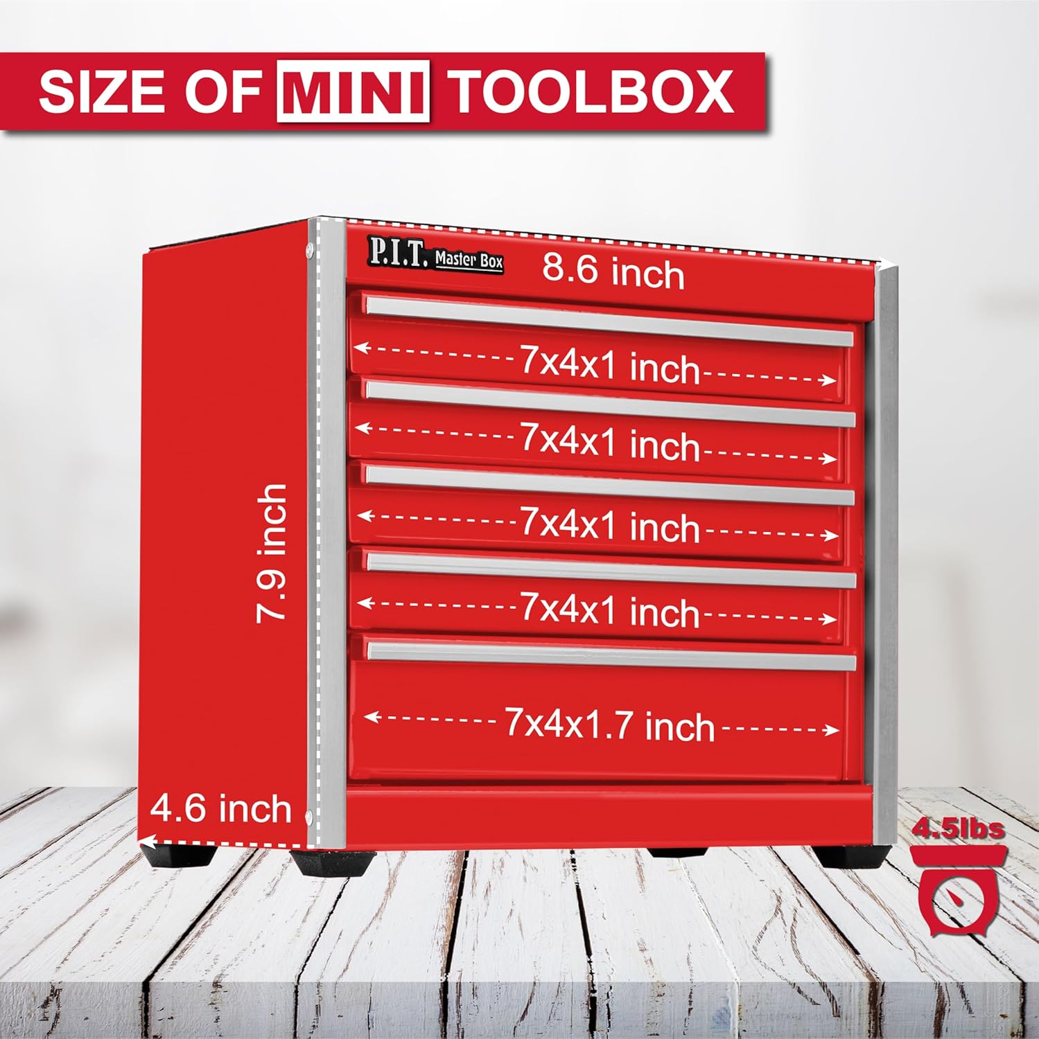 P.I.T. 5-Drawer Mini Rolling Tool Box Steel Cabinet Red 2 P.I.T. 5-Drawer Mini Rolling Tool Box Steel Cabinet Red - Image 2