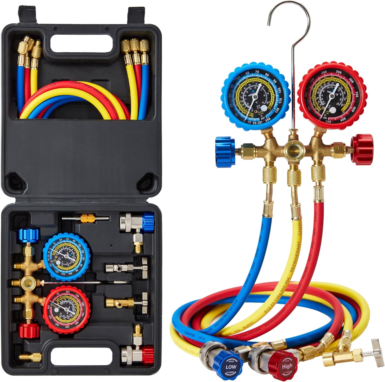 HVAC AC Manifold Gauge Set R134a R22 R12 with Hoses and Adapters 1 hvac tools gauges