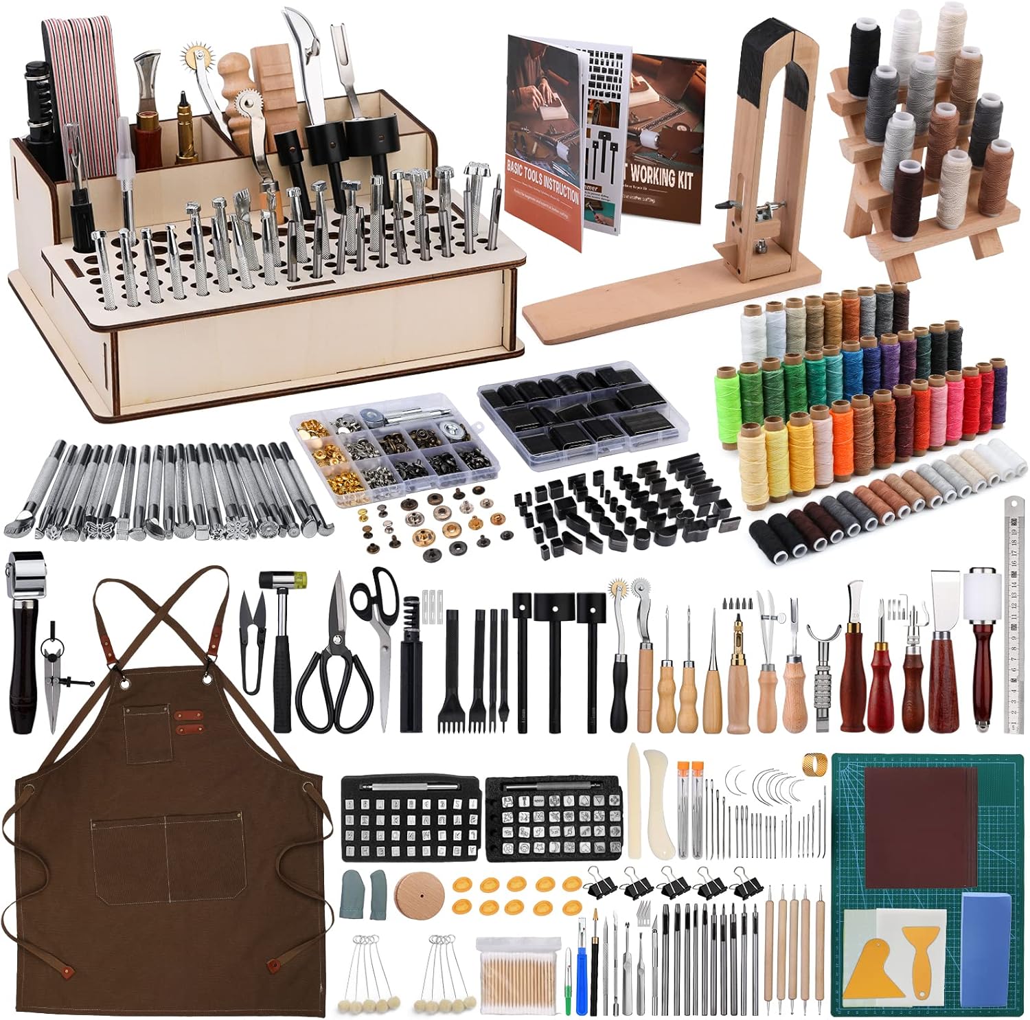 628Pc Leather Craft Tool Kit for Beginners with Stamping Set 1 628Pcs Leather Working Tooling Set for Beginners, Starter Working and Tool Supplies with Leather Pony, Tooling Box, Stamping Punching Tools, Sewing Thread, Rivets Kit for DIY Crafts