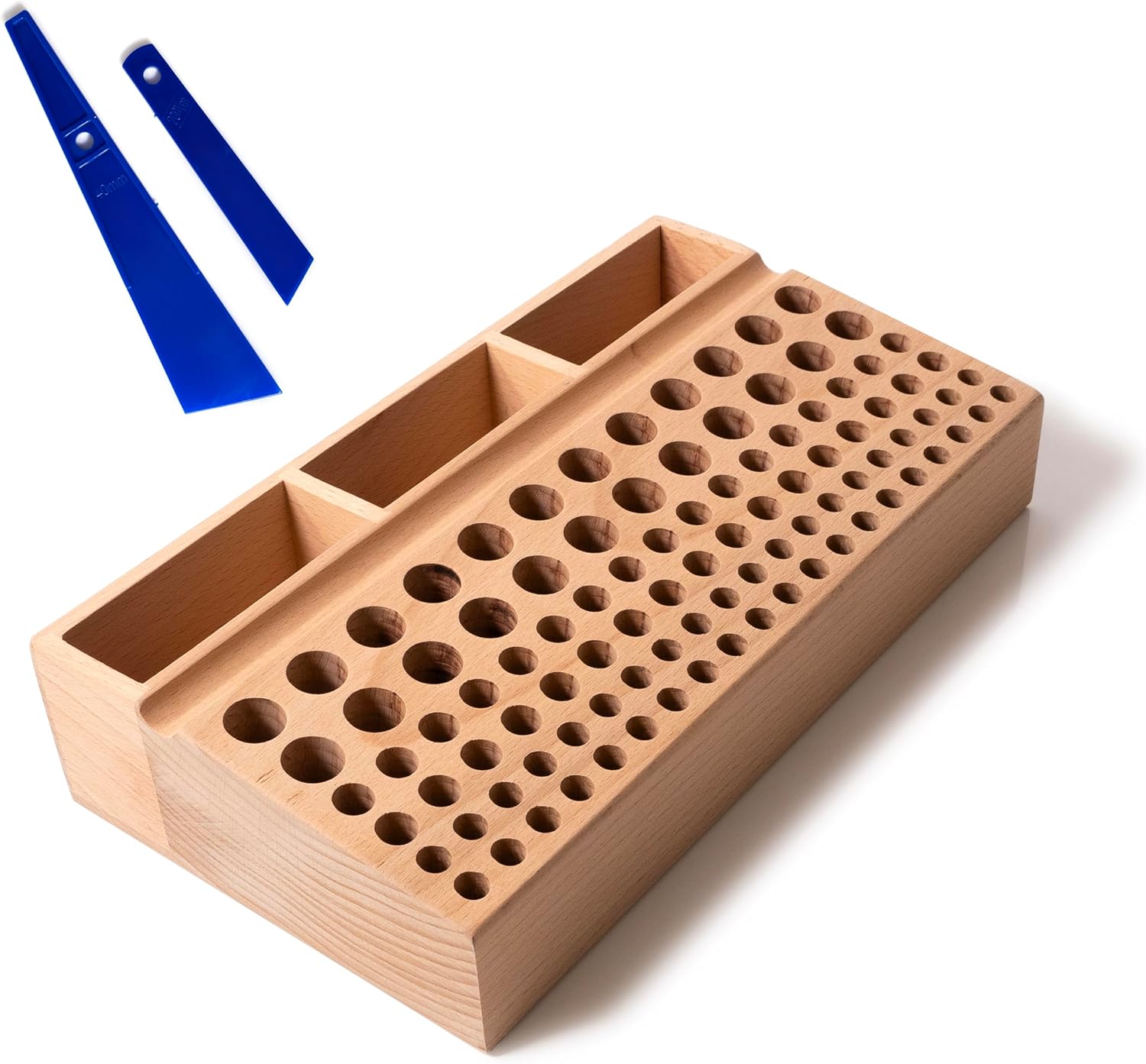 Leather Craft Tool Organizer 98 Holes Wood Storage Rack 10.5" 1 Tool Storage - Wooden Holder for Leather Craft Tools with 98 Storage Holes and 3 Large Slots (10.5" x 6") - Complete with 2 Glue Smear Sticks