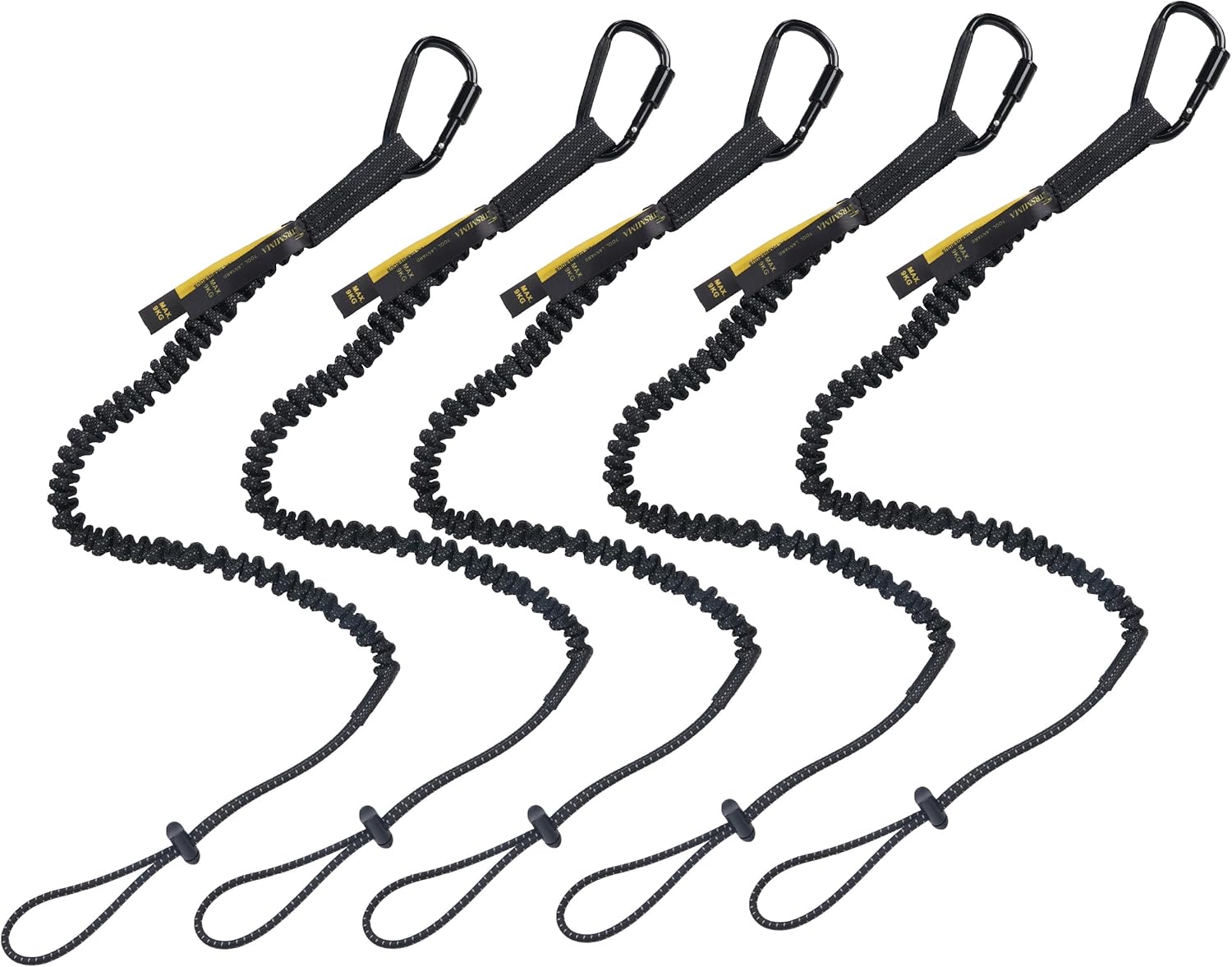 TRSMIMA 5 Pack Tool Lanyard Safety Tether with Carabiner Clips 1 TRSMIMA Safety Tether Tool Lanyard - 5 Pack Stretch Strap Safety Fall Protection Tools Leash with Screw Lock Carabiner Clip