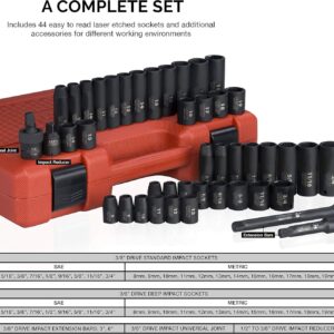 NEIKO 44pc Impact Socket Set 3/8″ Drive SAE Metric w Extensions