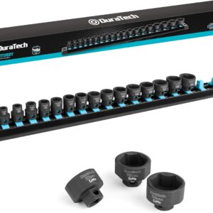 DURATECH 3/8" Drive Stubby Impact Socket Set, 19-Piece, Metric, 6-24mm, Cr-Mo Steel, Organized in Magnetic Storage Rail