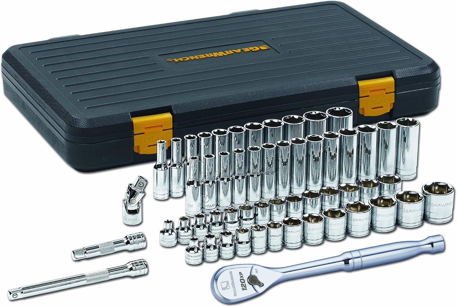 GEARWRENCH 56pc 3/8 Drive 6-Point Socket Set SAE Metric 120XP 1 GEARWRENCH56 Pc. 3/8" Drive 6 Pt. 120XP Mechanics Tool Set, Standard & Deep, SAE/Metric - 80550P