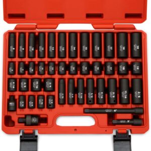 NEIKO 02440A 3/8-Inch-Drive Impact Socket Set, SAE Sizes 5/16" to 3/4" and Metric Sizes 8 mm to 19 mm, Includes Extension Bars and U-Joint, 44 Pieces