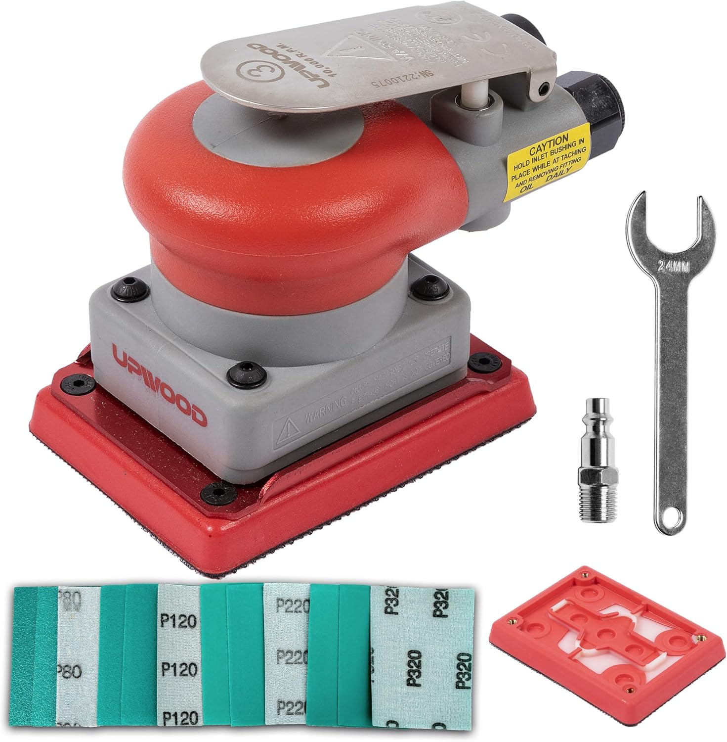 Pneumatic Palm Sander 3x4" 10000 RPM Orbital Air Sander Kit (Note: 64 characters) 1 Pneumatic random orbital sander 3 x 4-inch light weight palm sander 1/8" (3 mm) diameter orbit 10000 RPM with extra backing pad 12pcs sandpaper