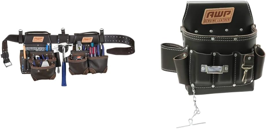 AWP Brown Oil-Tan Leather Tool Rig Pouch Electrician Belt Set 1 AWP TrapJaw Oil-Tan Leather Tool Rig (L-903-1) Brown and AWP Oil-Tan Leather Electrician Tool Pouch 1LL-526-2, Brown