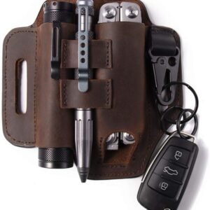 Gentlestache Multitool Belt Sheath, EDC Leather Belt Organizer, Belt Holder with Multitool Pouch, Flashlight Holder, Pen Holder and Keychain Clip, Practical EDC Belt Pouch for Men