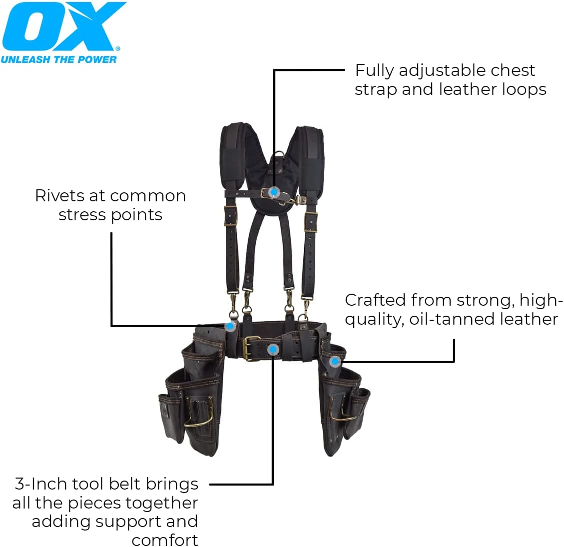 OX Tools Oil Tanned Leather Carpenter Tool Belt with Suspenders 2 OX Tools Oil Tanned Leather Carpenter Tool Belt with Suspenders - Image 2