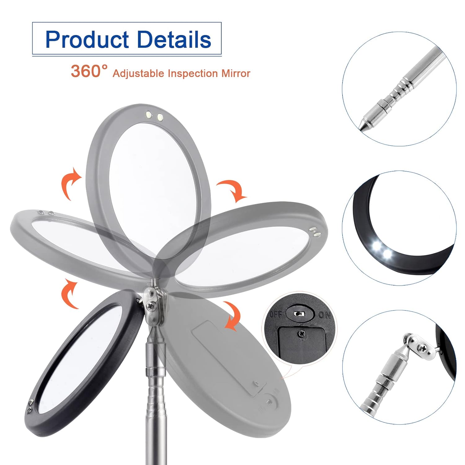 LED Telescoping Inspection Mirror 40" Extendable 360° Swivel Tool 3 LED Telescoping Inspection Mirror 40" Extendable 360° Swivel Tool - Image 3