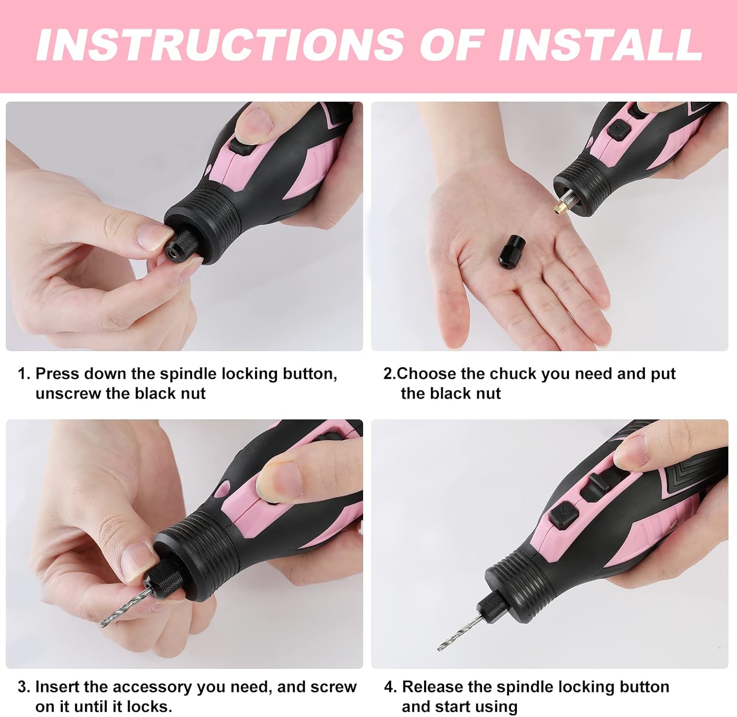 WORKPRO 12V Cordless Rotary Tool Kit 114pc Pink Engraver Sander 6 WORKPRO 12V Cordless Rotary Tool Kit 114pc Pink Engraver Sander - Image 6