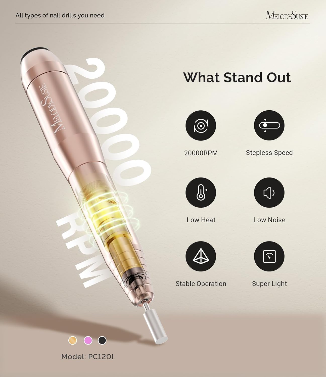 MelodySusie Electric Nail Drill Kit for Acrylic Gel Manicure Gold 4 MelodySusie Electric Nail Drill Kit for Acrylic Gel Manicure Gold - Image 4