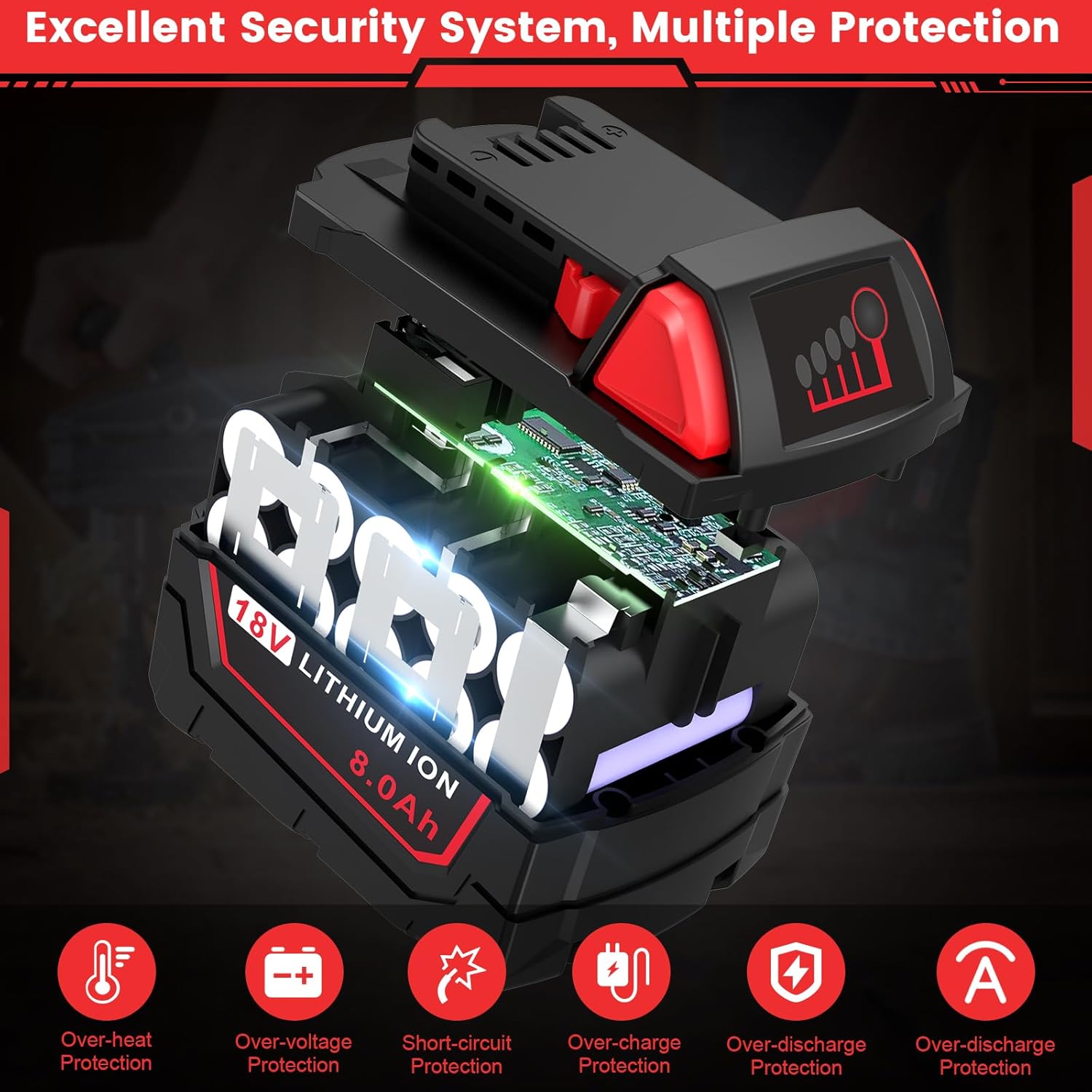 18V 8.0Ah Milwaukee M18 Battery Replacement 48-11-1850 Compatible 6 18V 8.0Ah Milwaukee M18 Battery Replacement 48-11-1850 Compatible - Image 6