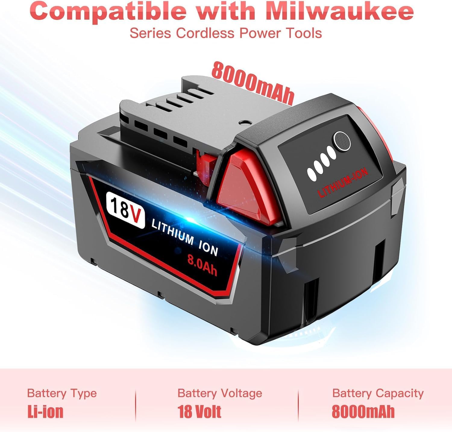 2 Pack 18V 8.0Ah M18 Lithium Batteries for Milwaukee 48-11-1880 5 2 Pack 18V 8.0Ah M18 Lithium Batteries for Milwaukee 48-11-1880 - Image 5