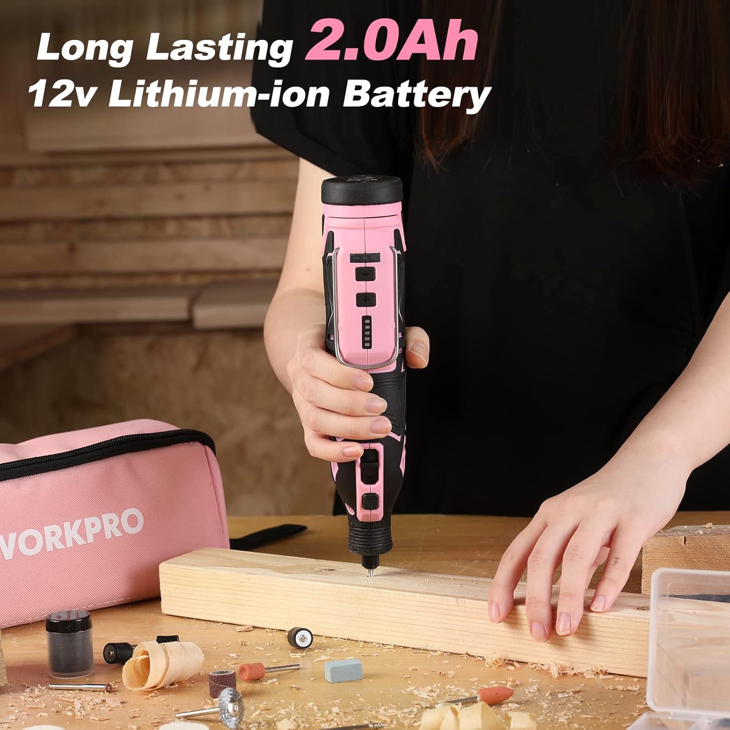 WORKPRO 12V Cordless Rotary Tool Kit 114pc Pink Engraver Sander 5 WORKPRO 12V Cordless Rotary Tool Kit 114pc Pink Engraver Sander - Image 5