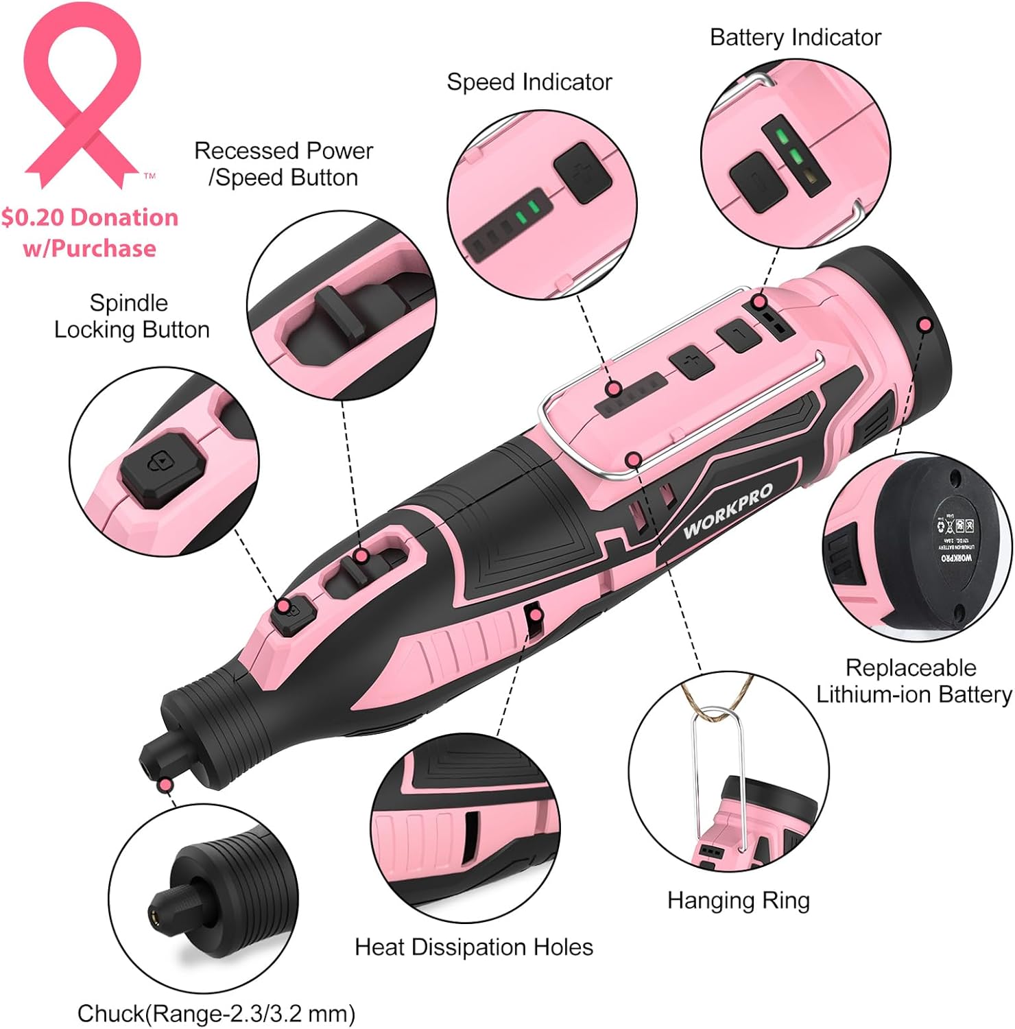 WORKPRO 12V Cordless Rotary Tool Kit 114pc Pink Engraver Sander 3 WORKPRO 12V Cordless Rotary Tool Kit 114pc Pink Engraver Sander - Image 3