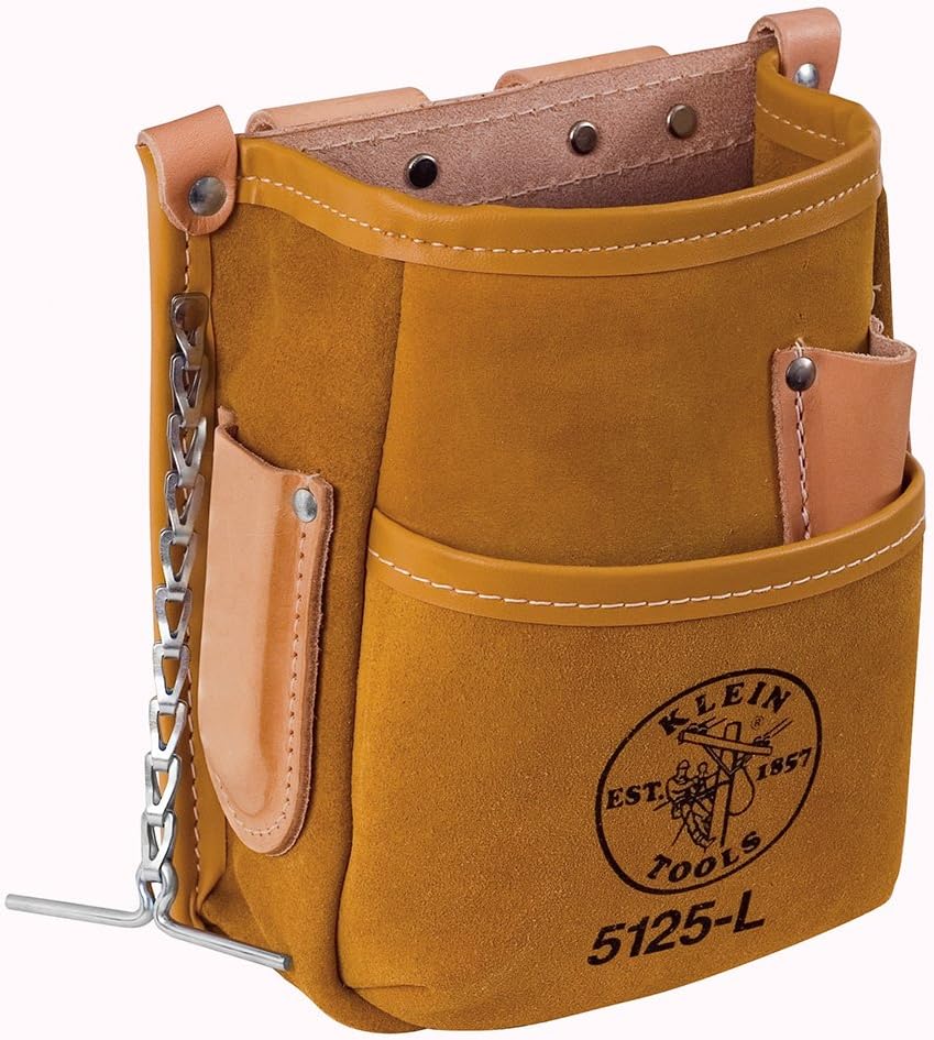 Klein Tools 5125L Leather Tool Pouch 5-Pocket Belt Holster 1 Klein Tools 5125L All Leather 5-Pocket Tool Pouch with Chain Tape Thong and Tunnel Belt Connection