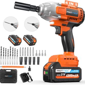 Cordless Impact Wrench, 665Ft-Ibs (900N.m) 1/2" Electric Impact Wrench, 21V Power Impact Drill with 2x 4.0Ah Battery, 5 Sockets, 8 Drill, 6 Screws, Impact Gun Variable Speeds for Car/Truck/Mower