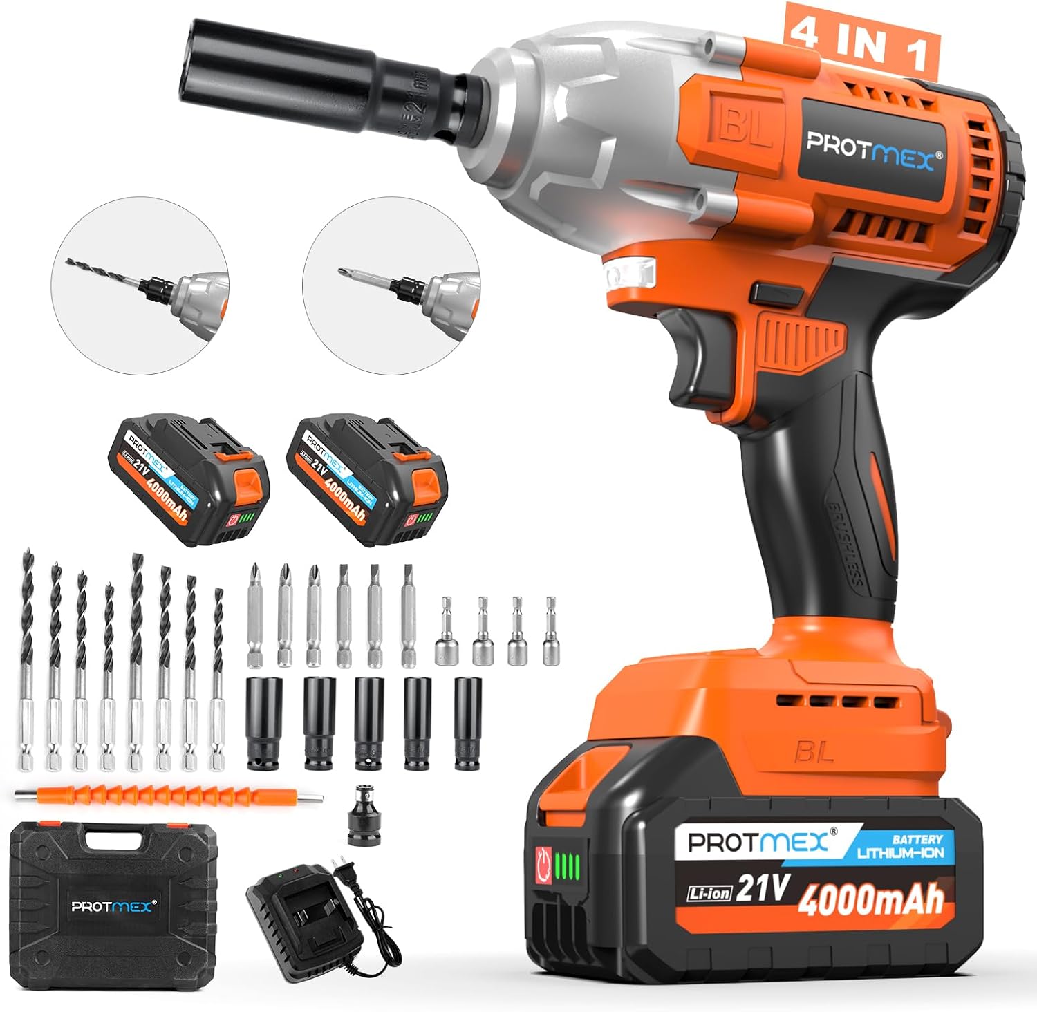 ```
21V Cordless Impact Wrench 665 Ft-lbs 2 Batteries 19pc Set
``` 1 Cordless Impact Wrench, 665Ft-Ibs (900N.m) 1/2" Electric Impact Wrench, 21V Power Impact Drill with 2x 4.0Ah Battery, 5 Sockets, 8 Drill, 6 Screws, Impact Gun Variable Speeds for Car/Truck/Mower