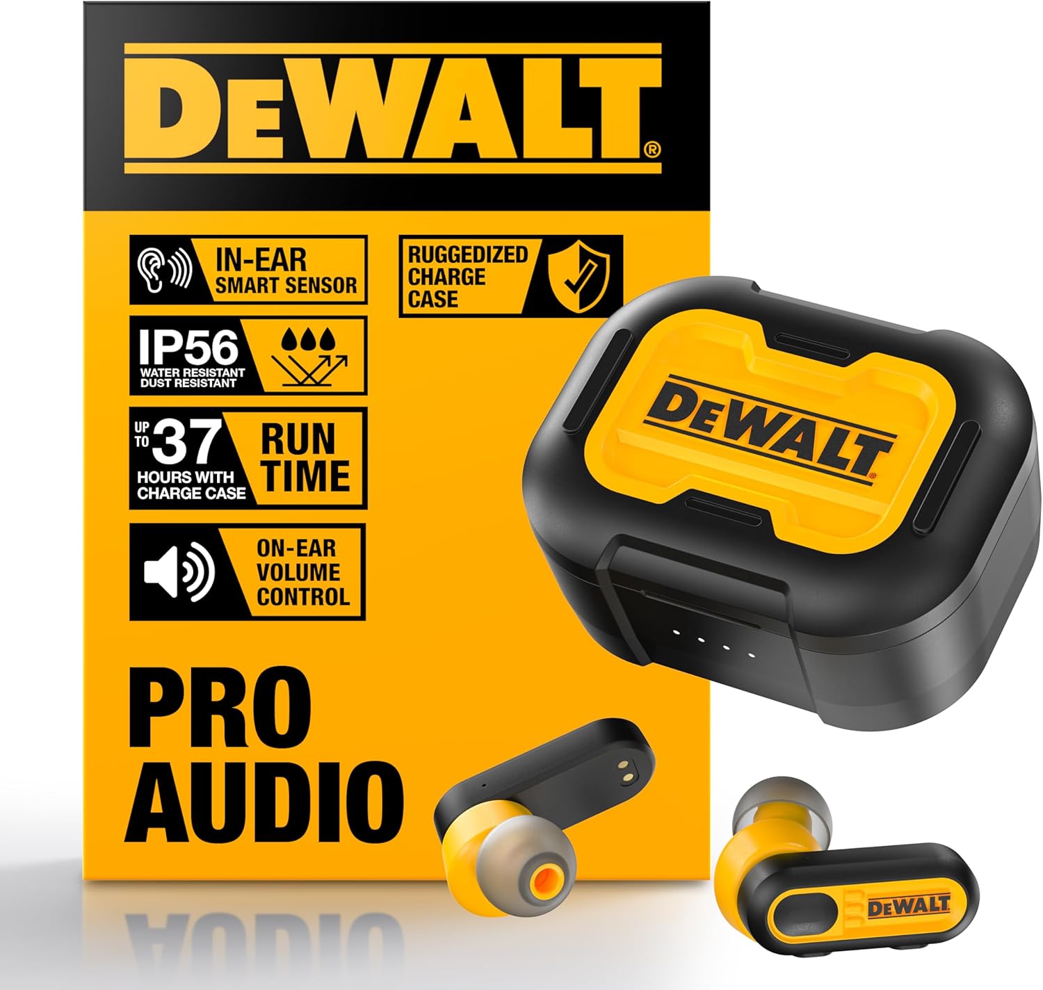 DEWALT Bluetooth Earbuds 30Hr Battery Wireless Jobsite Headphones 1 DEWALT Heavy Duty True Wireless Ear Buds, Bluetooth Headphones with Type C Charging Case Included, Over 30 Hours of Battery Life, Easy Setup for iPhone, Perfect for Jobsite, Outdoor Work