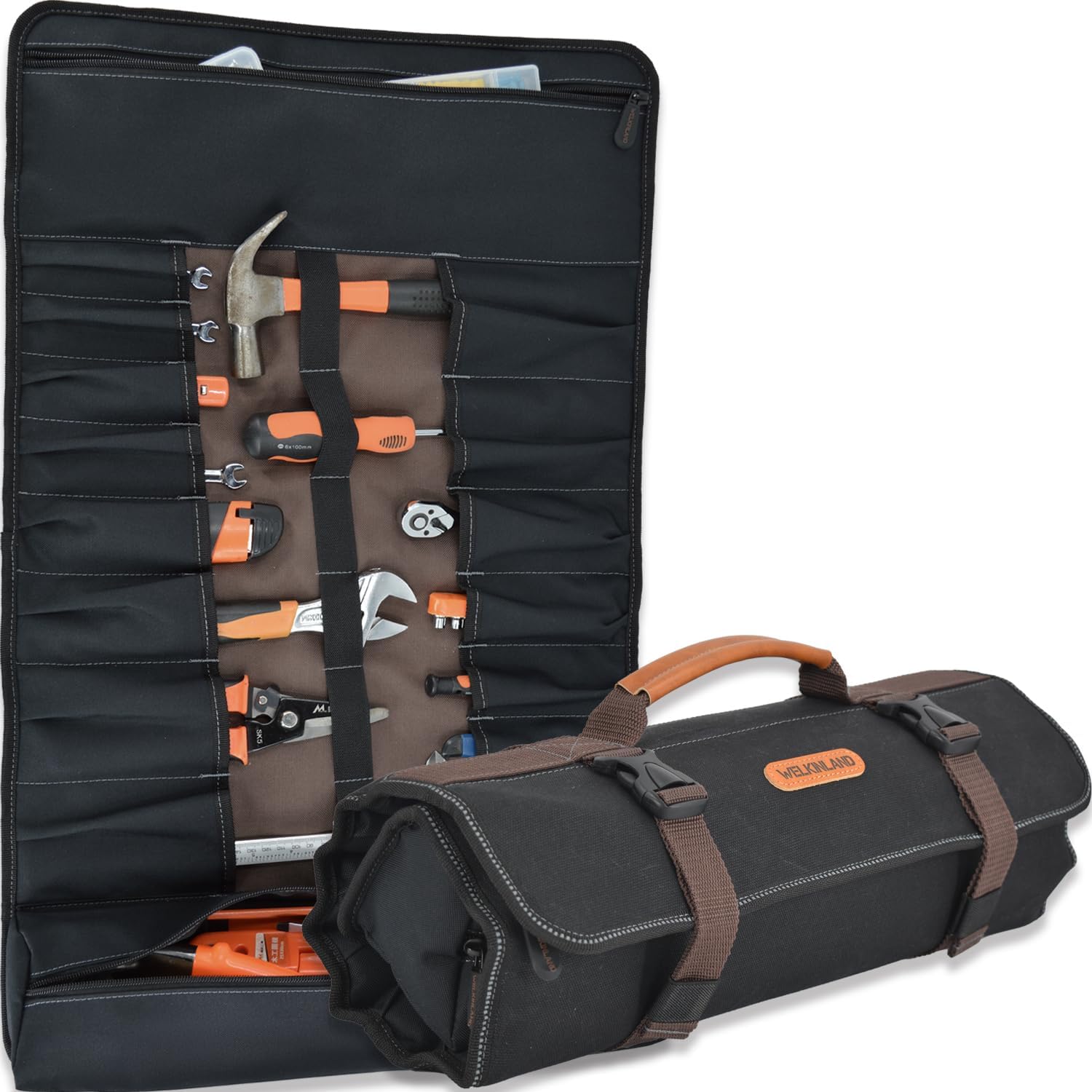 WELKINLAND Waxed Canvas Tool Roll 18 Pocket Waterproof Organizer 1 WELKINLAND 18-Compartment Tool Roll - Waxed Canvas - Waterproof - 17" - Organizer