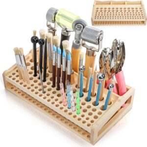 Acshio 98 Holes Leather Craft Tool Holder, Wooden Desktop Leather Working Tools Organizer with 3 Slots, Professional Large Making Punch Tools Rack Stand Storage Box for Brushes, Craft Tools
