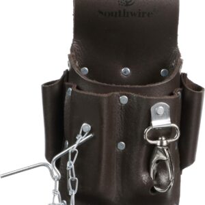 Southwire POUCH4 Leather Tool Pouch; 5 Pocket Pouch with Electrical Tape Chain; Fade Resistant; Durable Compartments; Washer Rivets; Includes Metal Tool Clip; Dark Brown
