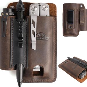 Topstache Leather Multitool Sheath with Belt Clip - Multitool Holster for Belt - EDC Belt Organizer Fits, Flashlight, Pen - Leather Pouch - Holder, Dark Brown