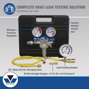 Mastercool 53010 HVAC Nitrogen Pressure Test Kit with Regulator
orProfessional HVAC Leak Test Kit Nitrogen Regulator R410A Adapter